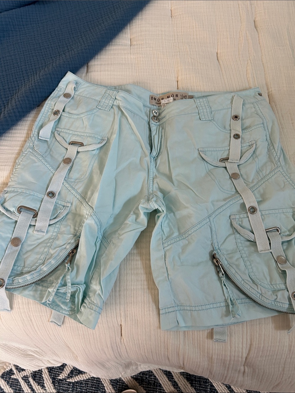 Light Blue Cargo Shorts with Strap Detail